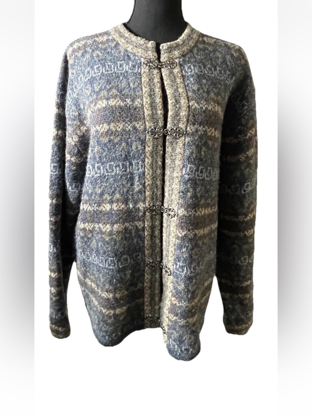 VTG Newton Trading Co Cardigan Sweater Nordic Wool Blue Hook Eye A Size L